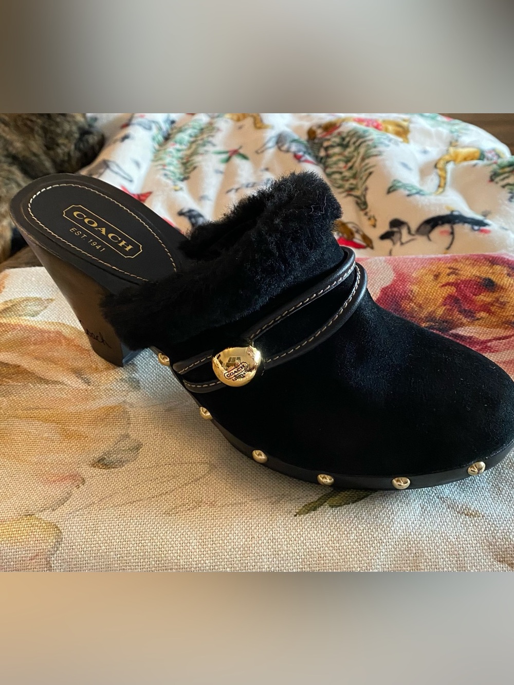 Coach Cecelia Signature Shearling Clog Black Mules